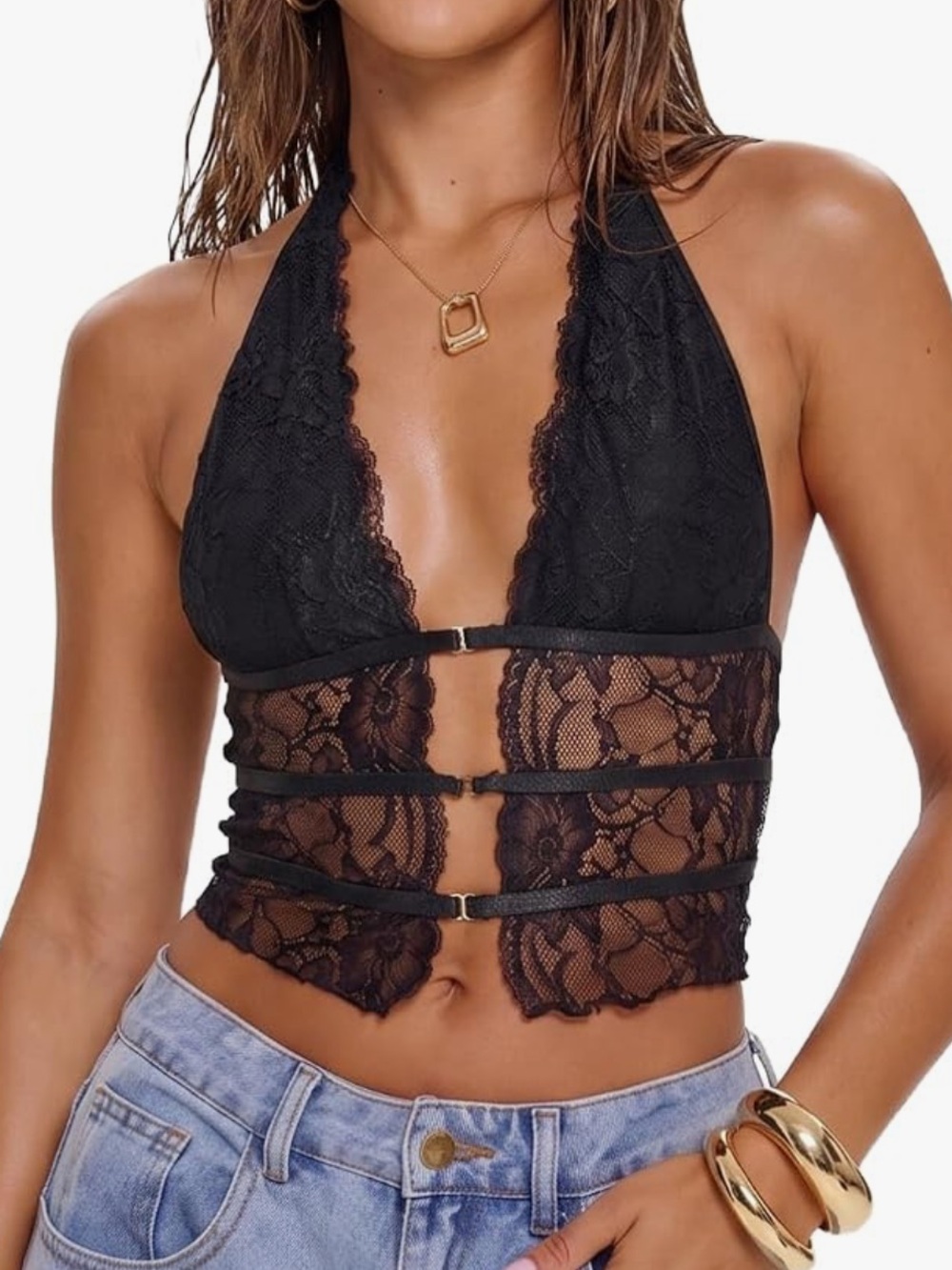 Lace Halter Crop Top - Black - Picture 3 of 3